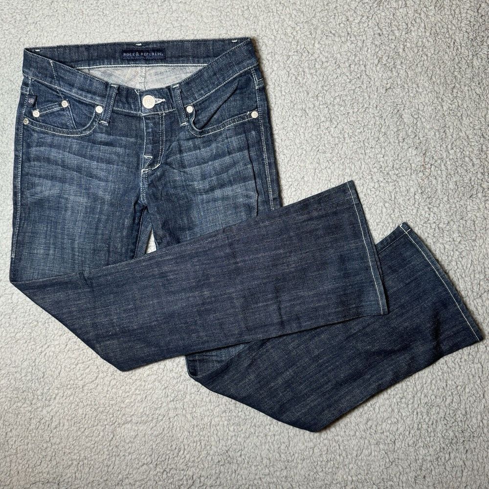 Rock & Republic Boot‎ Cut White Embroidery Dark Blue Wash Womens Jean Size 27